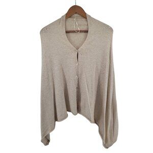 Beige Button-Front Cardigan Poncho With Asymmetrical Hem & V-Neckline